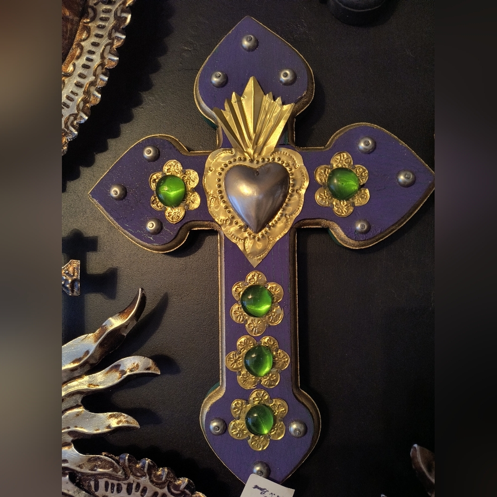 Purple and Gold Heart Cross Sculpture